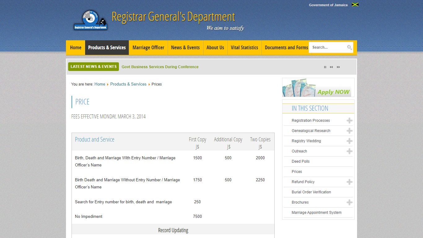 Prices | Registrar General's Department